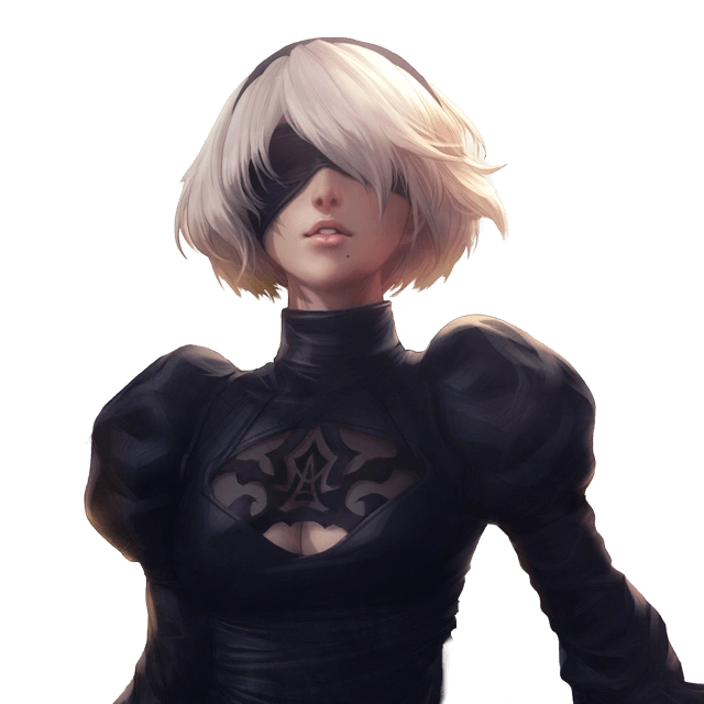Character design for Nier: Automata by Artgerm, depicting a warrior girl with short white hair and a black blindfold.